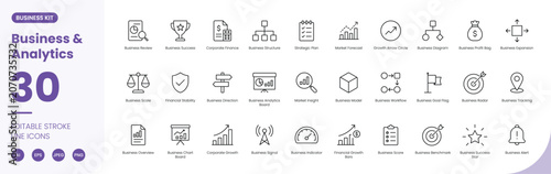 Business and Analytics icon line style corporate growth editable stroke vector set