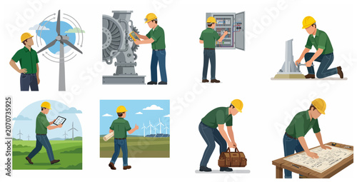 Engineer and Technician Vector Illustrations Set in Renewable Energy and Industrial Maintenance