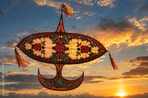Traditional Malaysian Wau Bulan Kite Flying Against Blue Sky