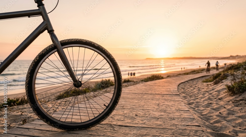 Fototapeta premium Bicycle wheel on boardwalk beside sandy beach at sunset