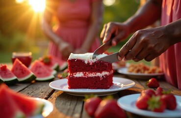 Family cuts festive red velvet cake outdoors at sunset. People enjoy strawberries watermelon drinks picnic. Warm golden light on summer celebration party.
