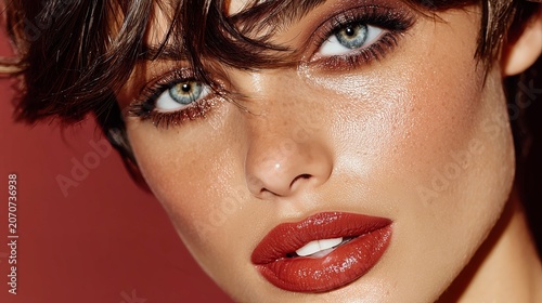 Glamorous beauty portrait with red lipstick and striking eyes for cosmetics.
