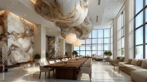 Grand marble dining room with sculptural ceiling for luxury interior design.
