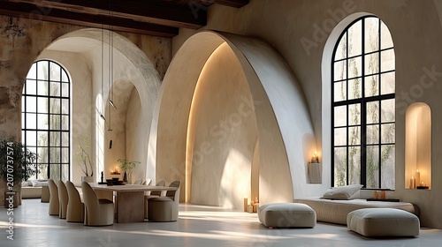 Elegant arched lounge with warm lighting for luxury contemporary interior.
