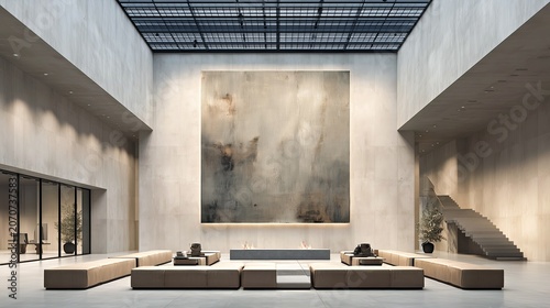 Minimalist concrete atrium with large abstract artwork for modern architecture.
