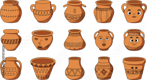 Foto Clay pots, and ceramic vases set, handcrafted earthenware pottery featuring assorted shapes patterns and rustic decorative vessels for interior styling