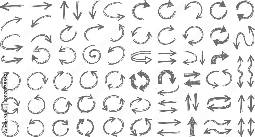 Obraz premium Hand drawn arrow set circular linear and directional sketch elements
