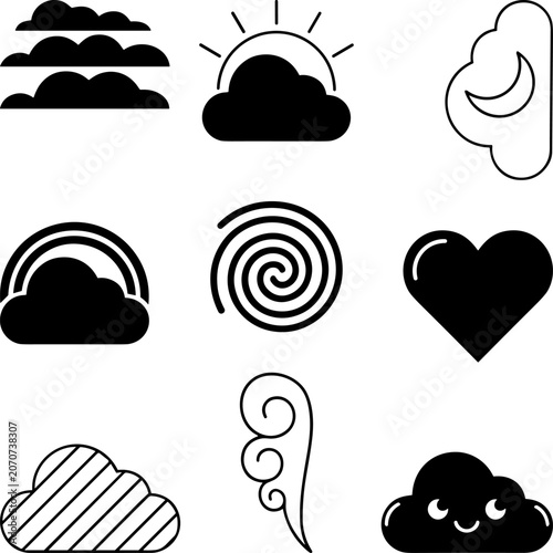 Collection of weather icons in a simple modern flat design with clean lines and solid shapes against white