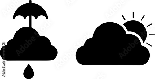Cloud icons with umbrella and rain during stormy weather versus sun behind clouds during clear day concept
