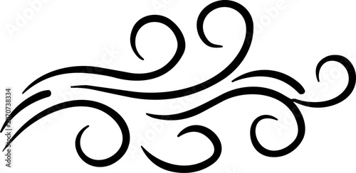 Elegant black swirling wind graphic element isolated on white background for decorative design