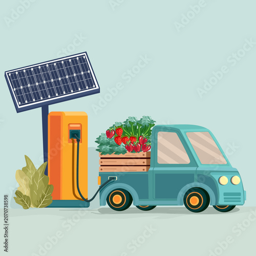 Electric vehicle farm truck charging with solar energy station panel, eco friendly organic vegetable delivery, green smart agriculture and renewable energy vector illustration.