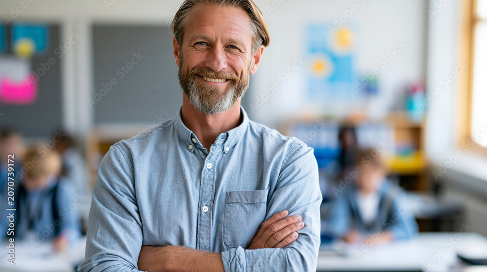 Naklejka premium Anonymous portrait of a middle-aged European male teacher standing confidently in a classroom smiling warmly, approachable professional educator concept, faceless, defocused, with