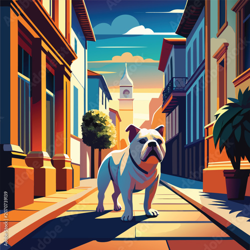 A white bulldog stands in a picturesque European street scene