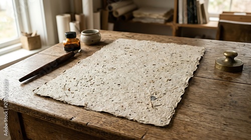 Wooden table with bread board and kitchen utensils.