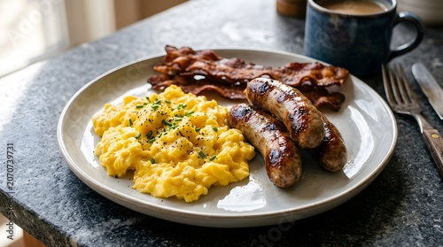 Delicious breakfast plate with scrambled eggs sausages and bacon. A plate with eggs, sausage and scrambled eggs.