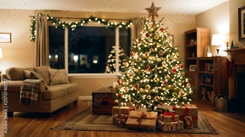 Cozy living room with Christmas tree.