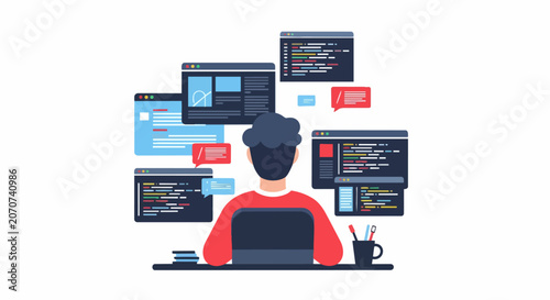 Software Developer Working on Multiple Coding Projects Flat Vector Illustration, Web Engineering and Programming Concept