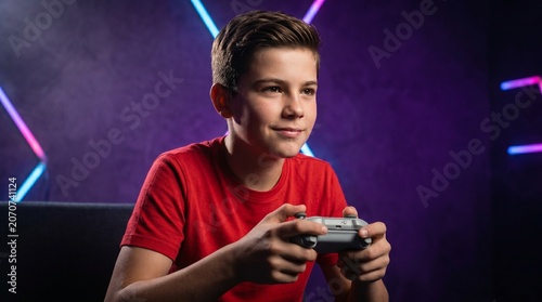 Boy playing video game with console controller in room with neon lighting. Digital hobby, childhood fun and leisure activity in virtual world concept.