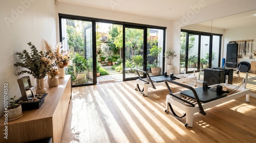 Pilates studio interior with reformers and garden view