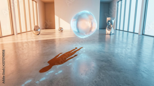 Glass sphere floats above polished floor in minimalist space. Sunlight streams through tall windows, casting soft shadows. Lone figure's silhouette drifts across the ground. Silent, ethereal, and calm