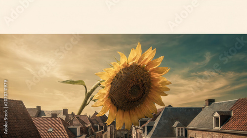 Sunflower towers over rooftops in golden light. Crisp, textured petals frame a rich, dark center. Soft clouds drift above cobblestone streets and tiled roofs. Warm tones evoke nostalgia and quiet joy