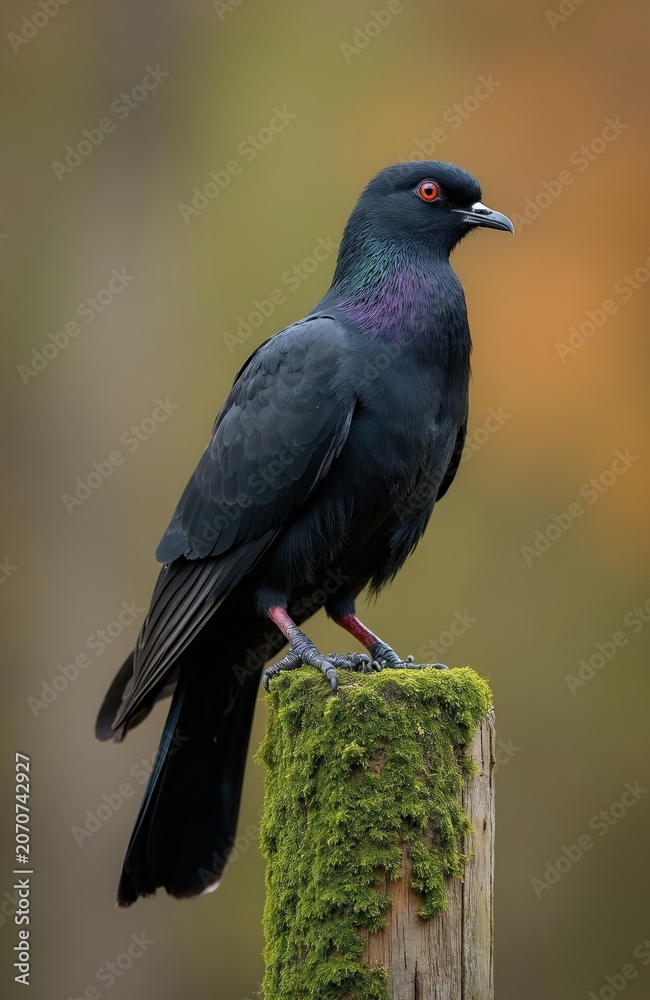 Fototapeta premium Dark bird with iridescent neck feathers sits on mossy wooden post. Bright red eye watches intently. Bird has black beak and claws. Soft blurred background.