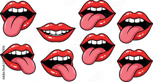 Foto Red pop art lips and open mouth sticking out tongue vector illustration collecti