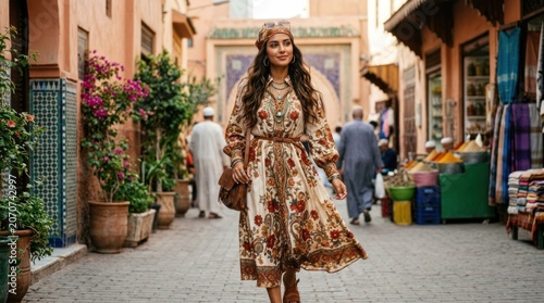A woman in a traditional Moroccan dress walking through a market in Marrakech, Morocco.