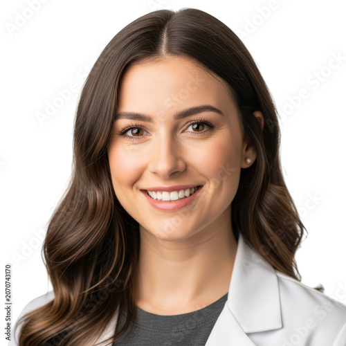 Smiling professional woman in white lab coat isolated on transparent background