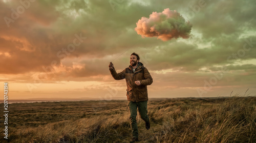 Man runs through golden grass under dramatic sky. Cloud floats above him, surreal and large. Sunset paints sky in warm orange and green hues. He appears joyful, laughing, arms raised in delight
