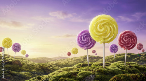 Lush green hills stretch beneath a dreamy purple sky. Giant lollipops stand like whimsical trees across the meadow. Soft light bathes the scene with warm, inviting hues. Children might laugh