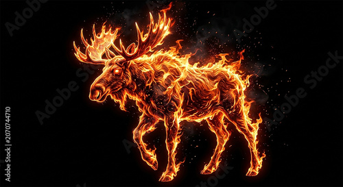 Moose made of fire walks across a dark background with flames brightening the scene at night