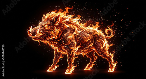 Creative artwork of a wild boar made of flames standing on a dark background