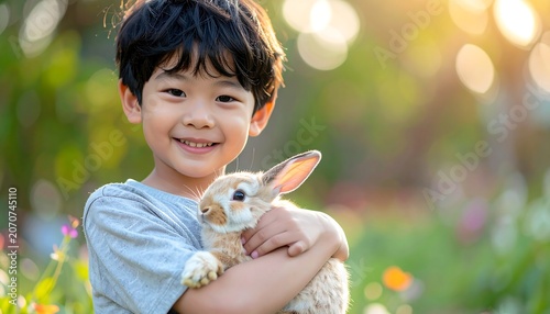 Boy Hugging Rabbit.
