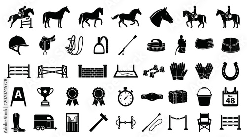 Equestrian sport and horse riding equipment silhouette icons set