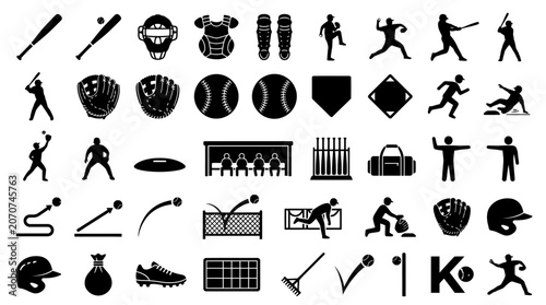 Cuadro en lienzo Collection of black and white baseball icons and player silhouettes