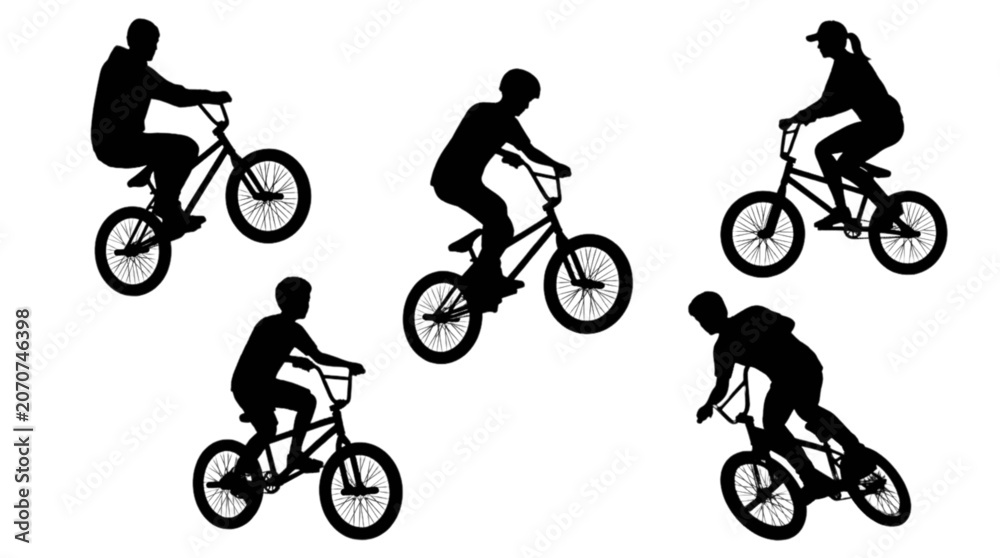 Naklejka premium Five silhouetted bmx riders performing tricks in mid-air isolated on transparent background, Vector