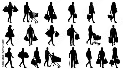Bilde på lerret Silhouette people walking with luggage and shopping bags in a city setting isola