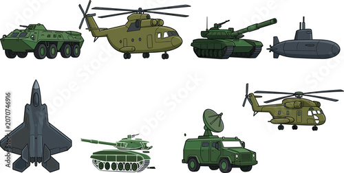 Quadro su tela Military vehicles vector illustrations set featuring army tank fighter jet trans