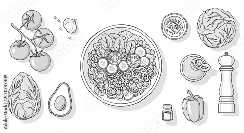 Variety of fresh food ingredients displayed.