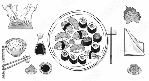 Variety of sushi rolls on plate.