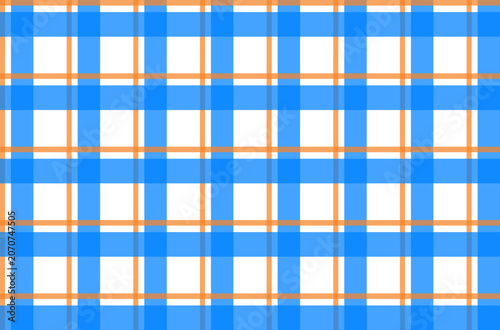 Blue and orange grid tartan pattern on white background.