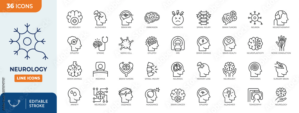 Fototapeta premium Neurology line editable icon set. Editable stroke. Vector illustration