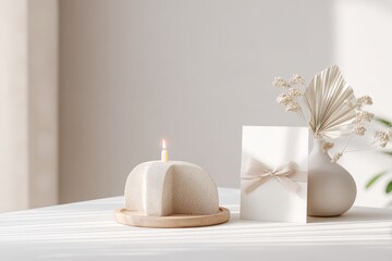 Minimal half birthday mini cake with single lit candle and gift card on neutral tabletop for elegant invitation background and product banner design
