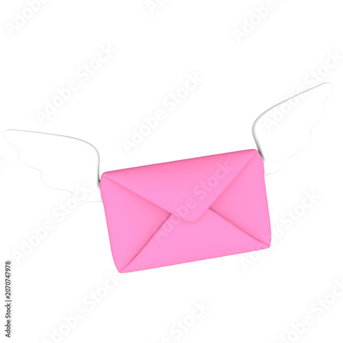 Pink love letter envelope with white angel wings isolated on transparent background. 3D render.
