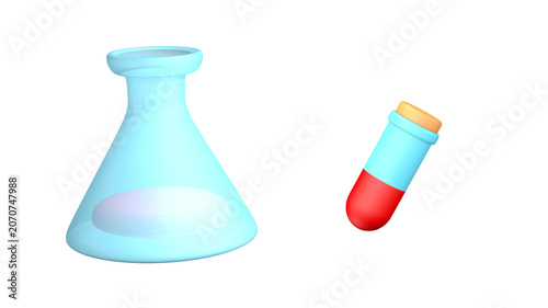 Laboratory glass flask and medical pill capsule isolated on transparent background. 3D render.