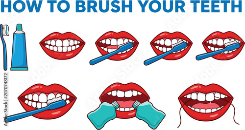 Tableau sur toile How to Brush Your Teeth Infographic Diagram Vector Featuring Dental Hygiene Step
