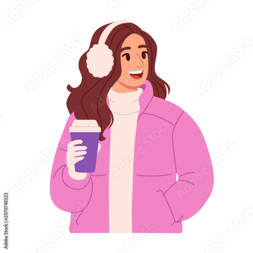 Cozy Young Woman Holding Coffee in Stylish Winter Clothes. Flat Vector Illustration.
