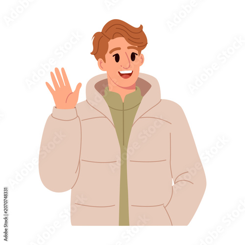 Happy Young Man Waving in Stylish Winter Jacket. Flat Vector Illustration.