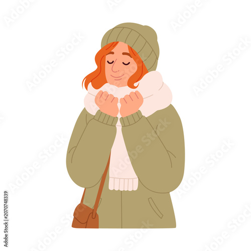 Cozy Young Woman Enjoying Winter in Warm Hat and Scarf. Flat Vector Illustration.